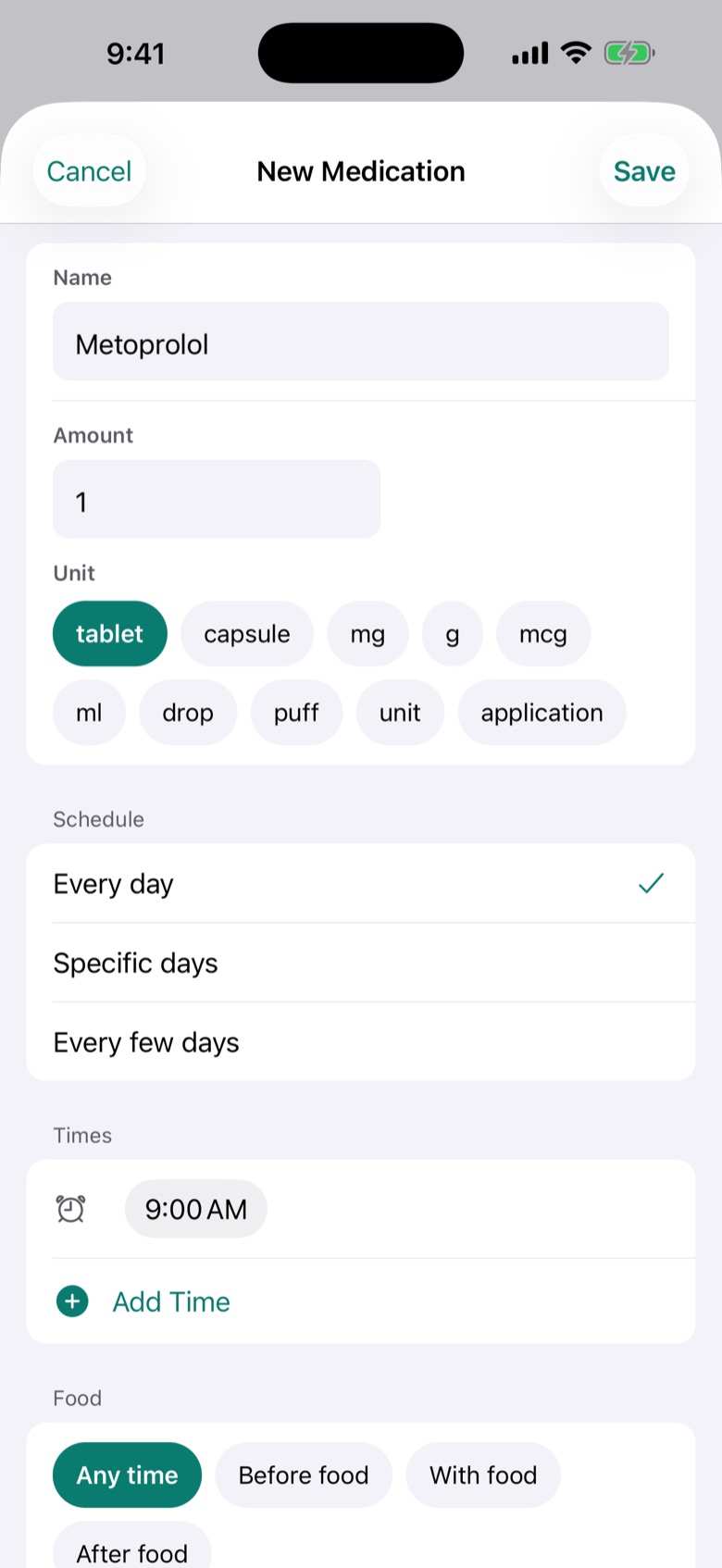 Adding a medication with its schedule in Tendbell