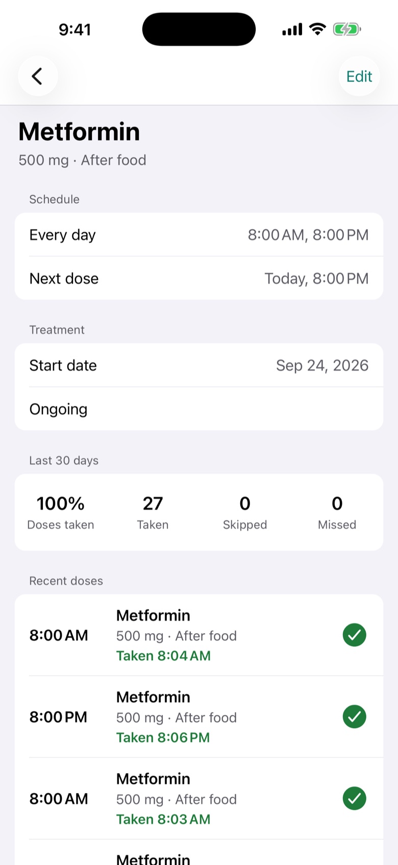 Medication detail with schedule and recent doses