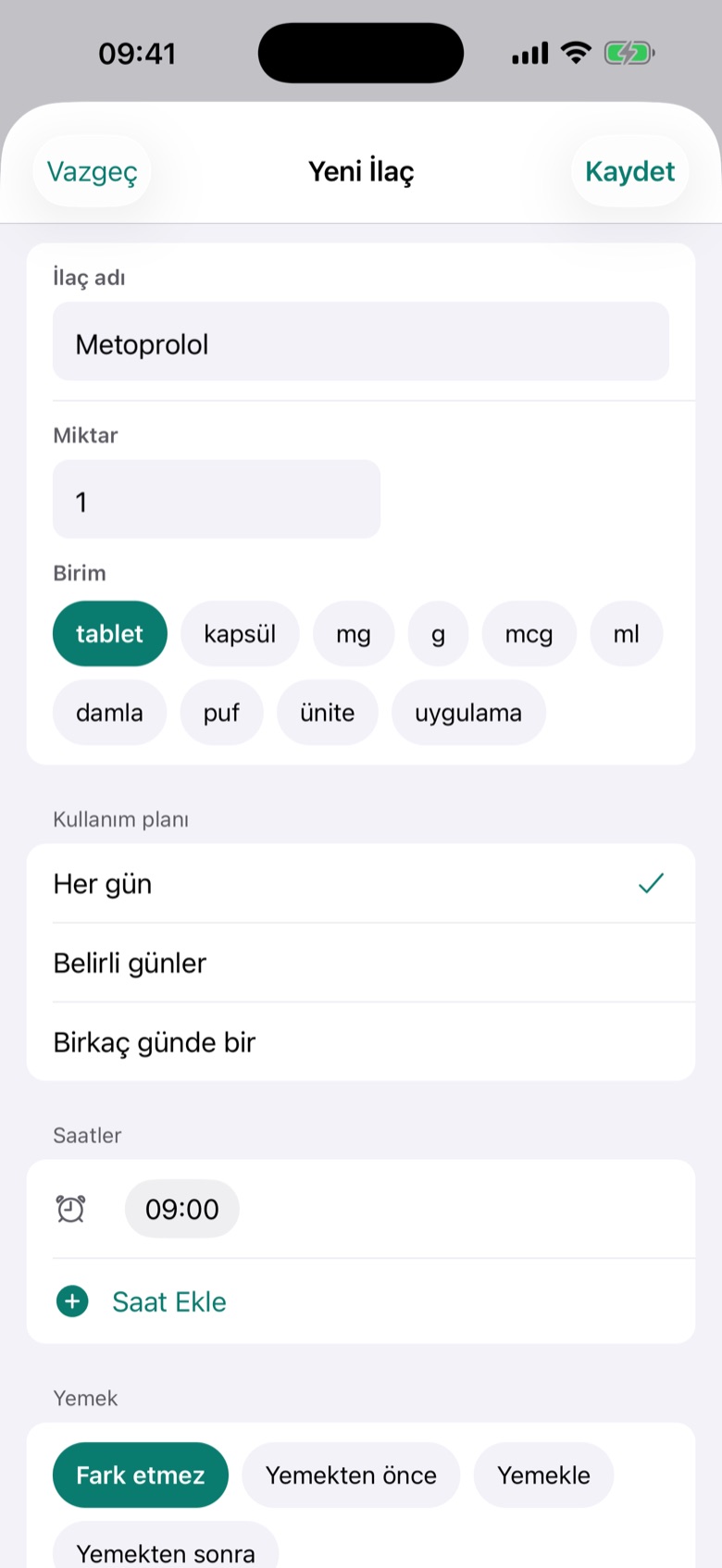 Tendbell’de programıyla birlikte ilaç ekleme