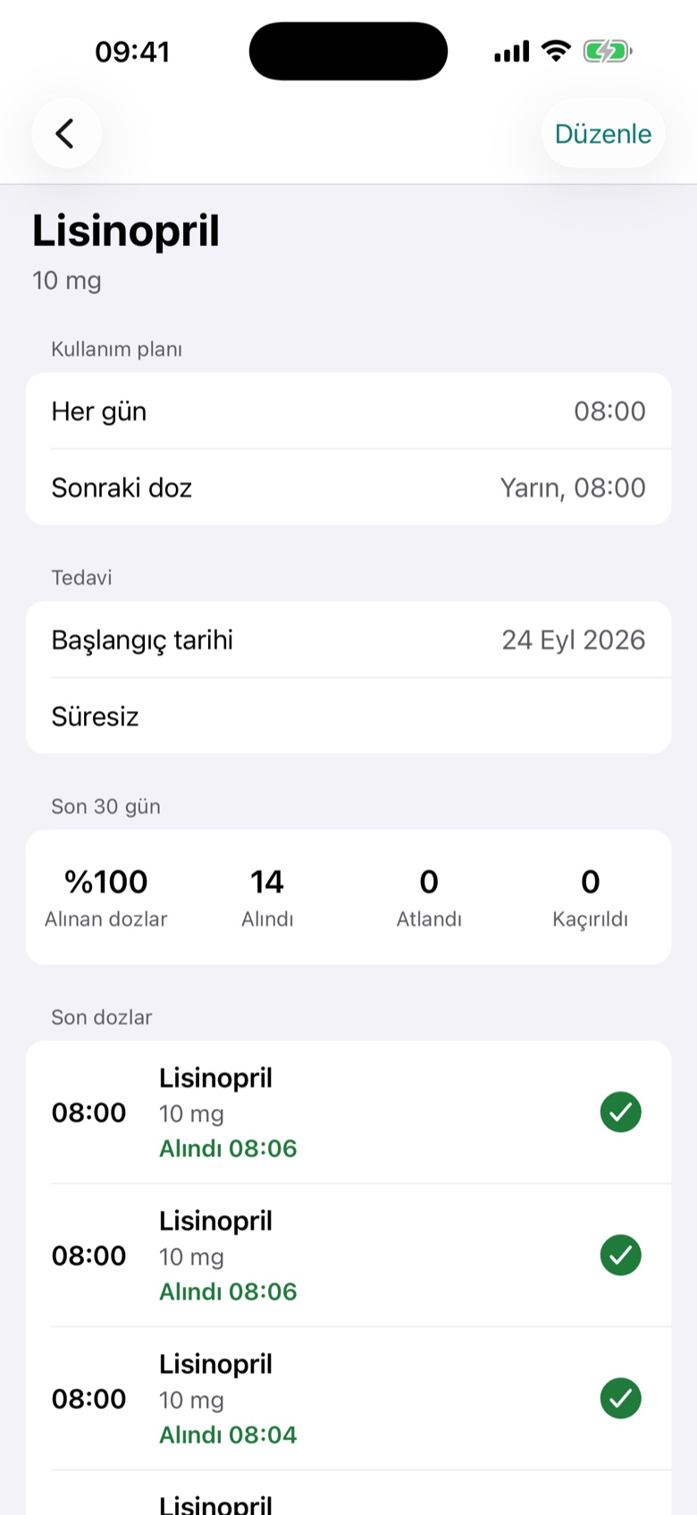 Program ve son dozlarla ilaç ayrıntısı