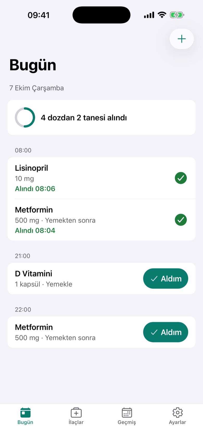 Alınan dozlar ve sıradaki dozla Tendbell Bugün ekranı